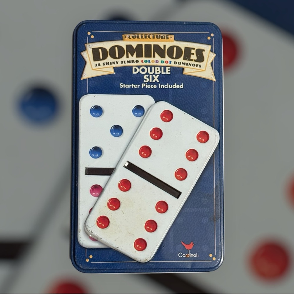 Cardinal Collectors Double Six Jumbo Color Dot Dominoes in a collectors' Tin